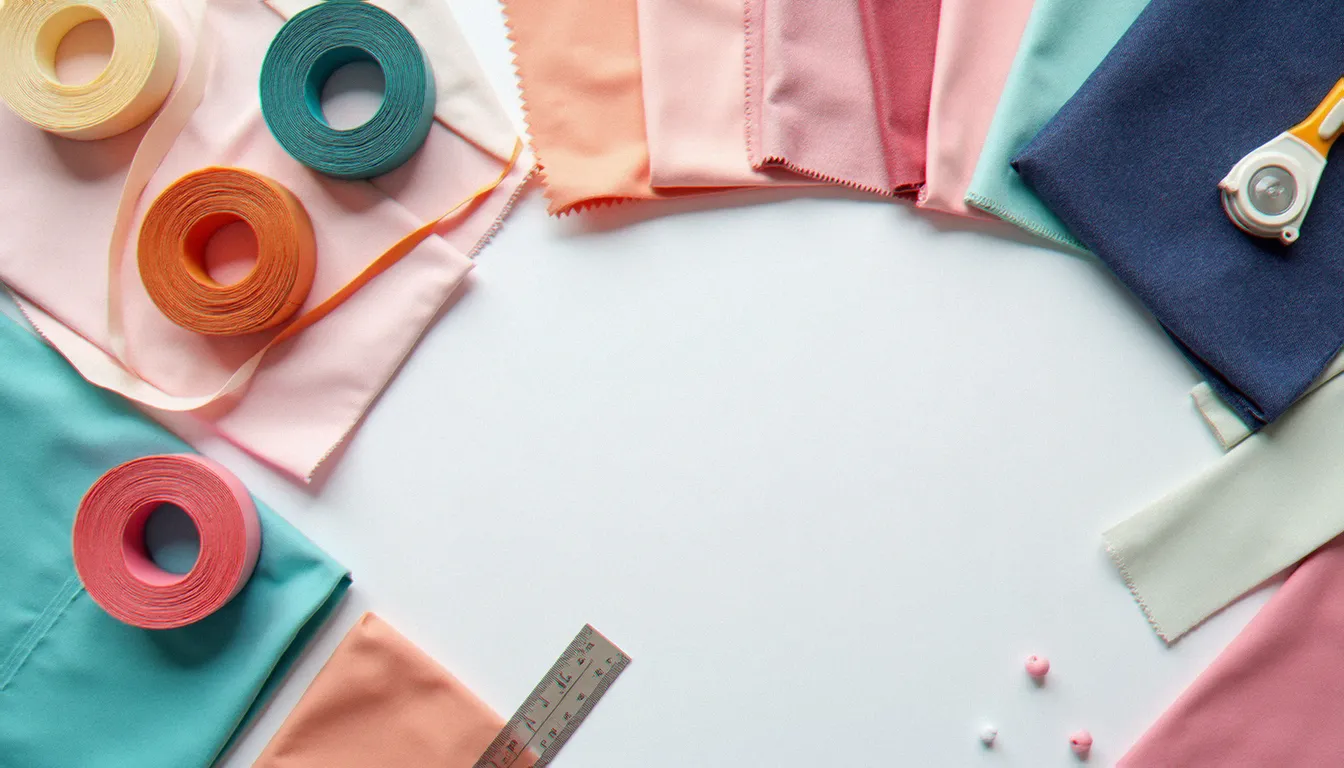 Assortiment de biais en coton de différentes largeurs et couleurs disposés à plat sur un tapis de découpe, avec des échantillons de tissu et un cutter rotatif