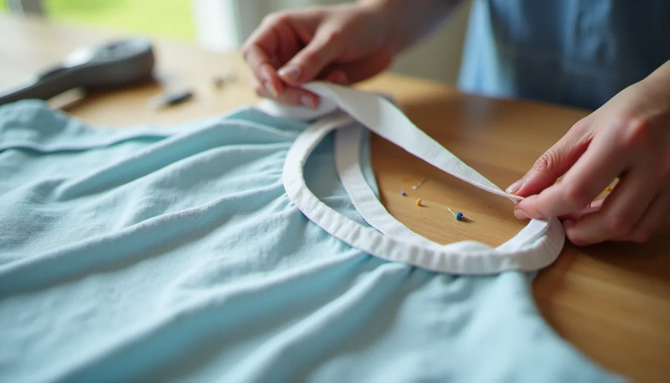 Mains de couturière épinglant un biais emmanchure blanc sur le bord d'une robe sans manche en lin bleu clair, vue en gros plan sur table de travail en bois