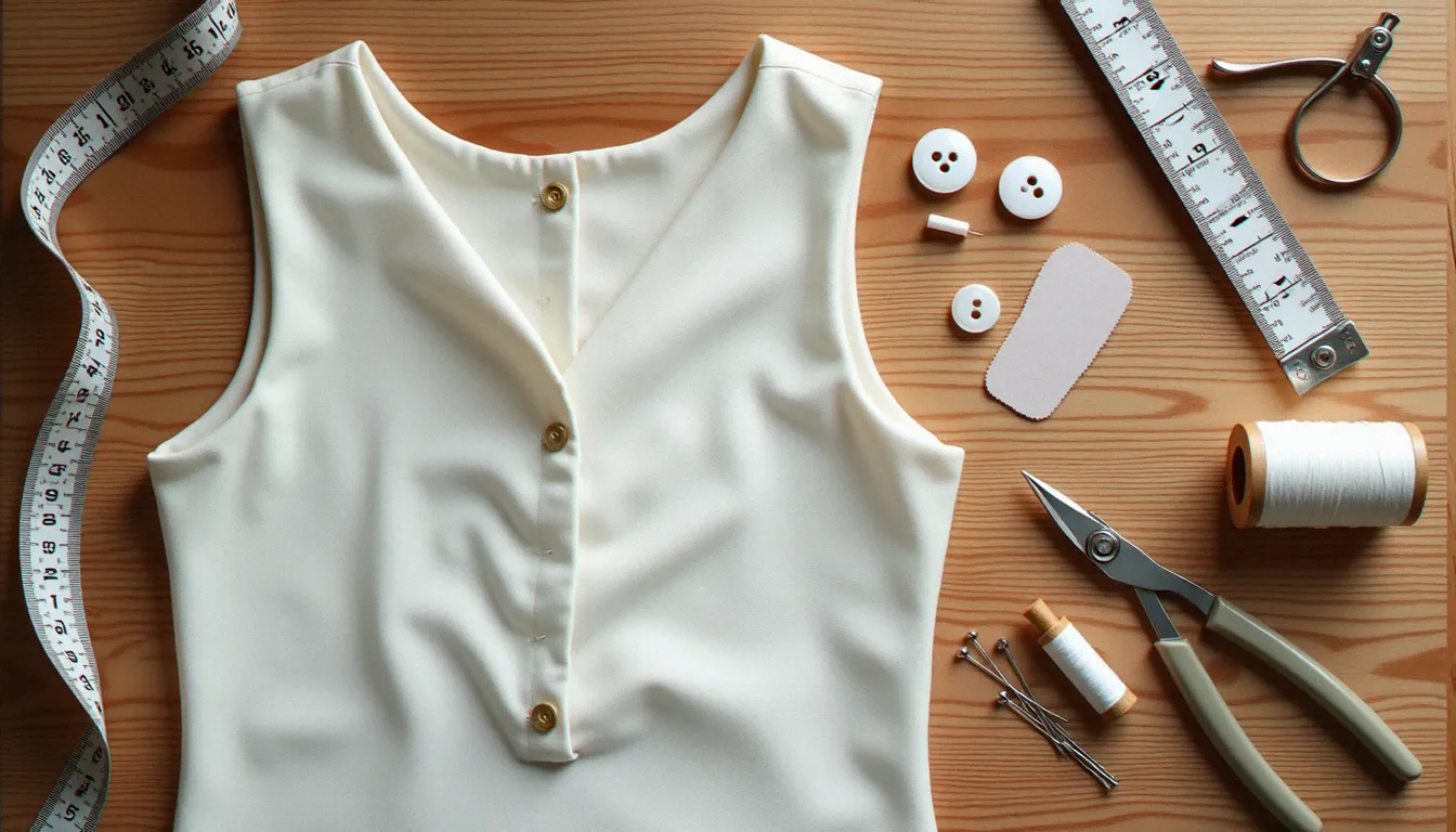 Pose à plat de fournitures de couture pour réaliser un boutonnage dos : boutons, entoilage thermocollant, découseur, craie de tailleur et règle sur table en bois