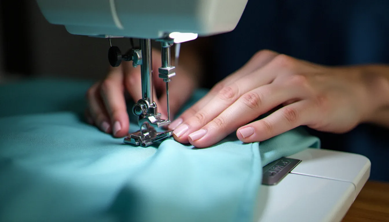 Mains d'une couturière cousant une boutonnière sur tissu soie bleu pâle entoilé à la machine à coudre, avec pied boutonnière visible