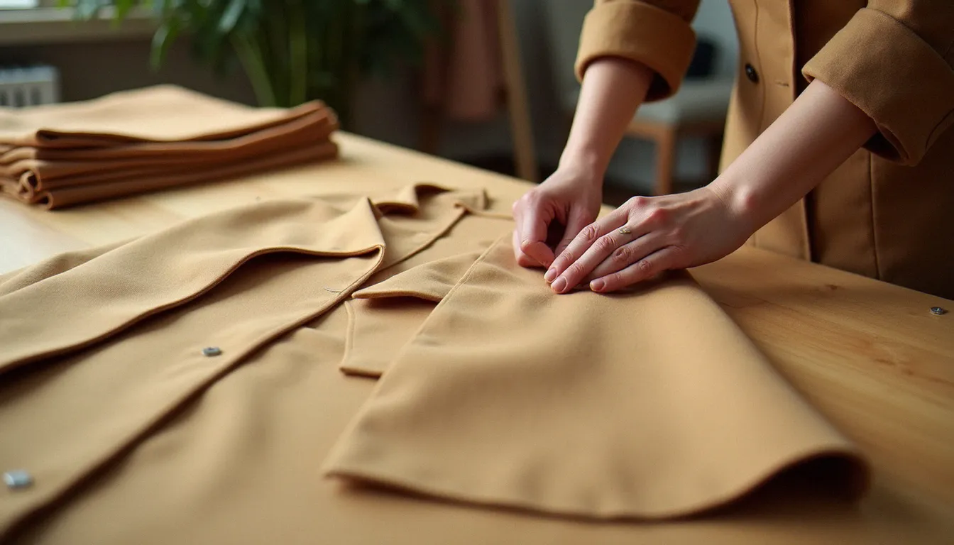 Mains de couturière épinglant un patron de manteau sur une seule épaisseur de tissu camelice beige camel