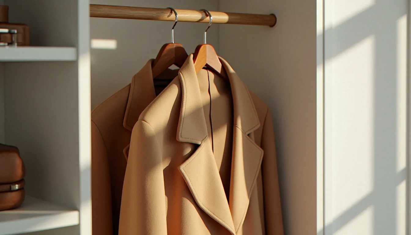 Manteau en camelice couleur camel suspendu sur un large cintre rembourré dans une armoire blanche, lumière naturelle mettant en valeur le poil du tissu