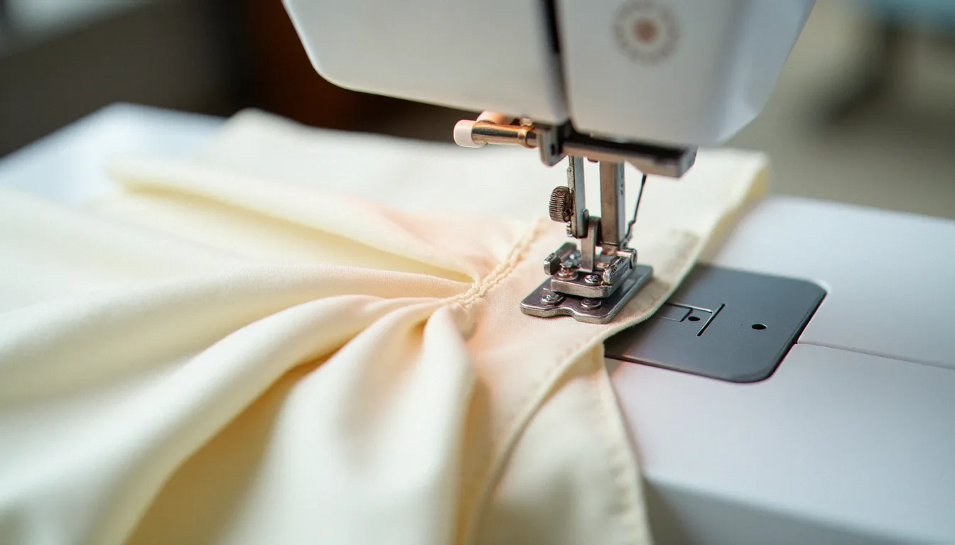 Pied de machine à coudre spécial fermeture invisible en action sur le ruban d'un zip invisible cousu sur un panneau de jupe en tissu crème