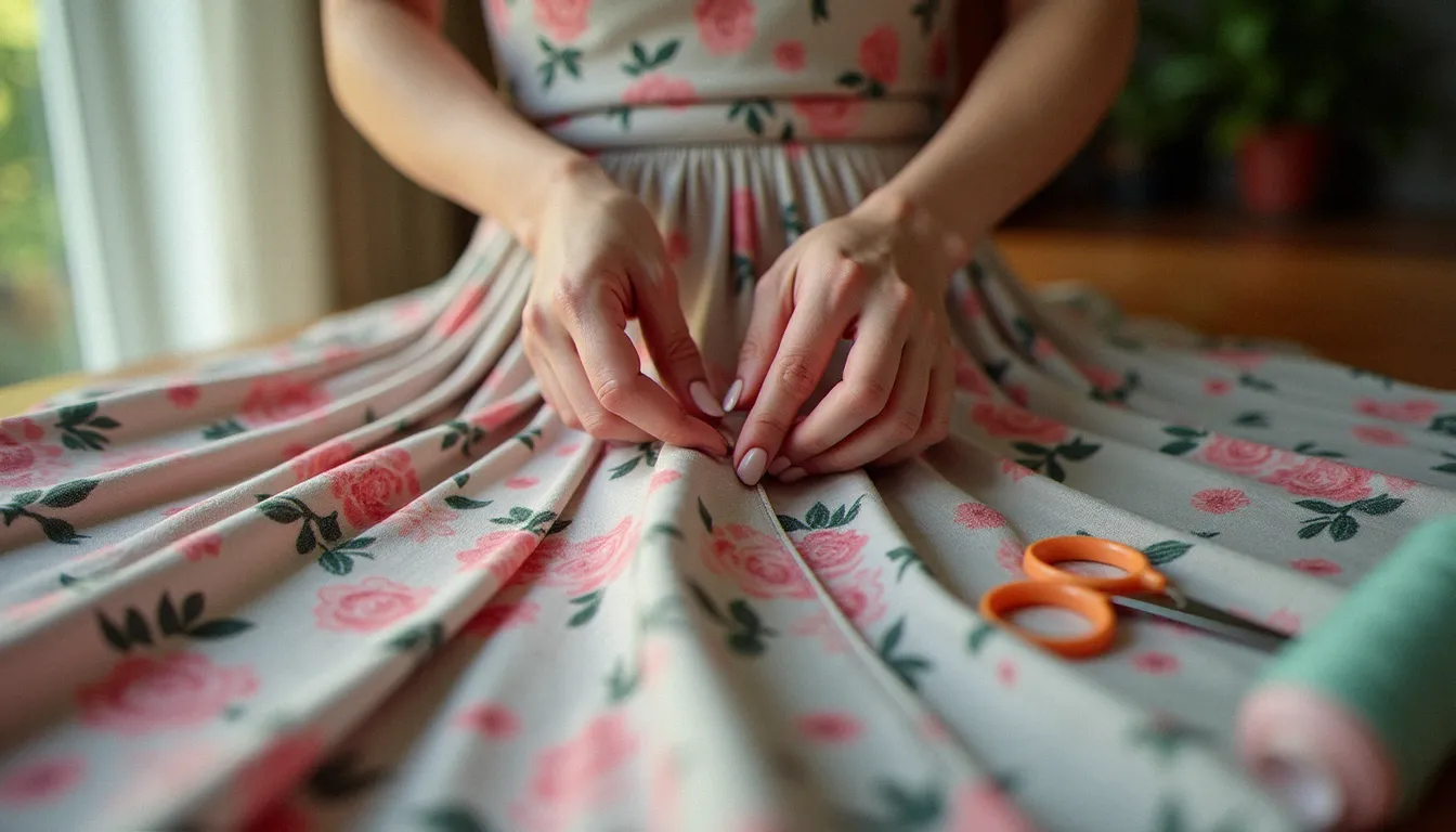 Mains de couturière épinglant une fermeture éclair invisible sur le côté d'une jupe en viscose fleurie, tutoriel comment coudre une fermeture éclair sur une jupe
