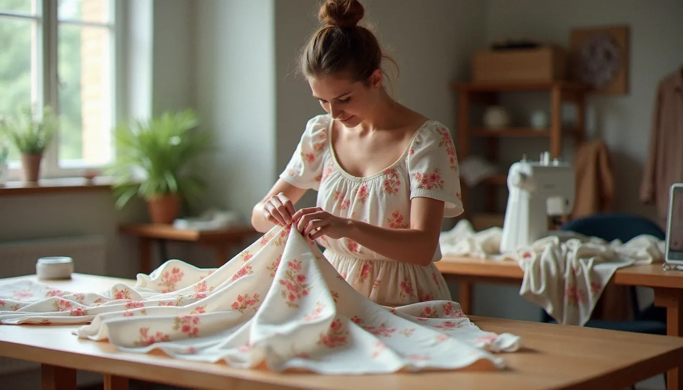 Couturière épinglant un volant en viscose fleurie sur une table de coupe lumineuse pour réaliser une robe à volant
