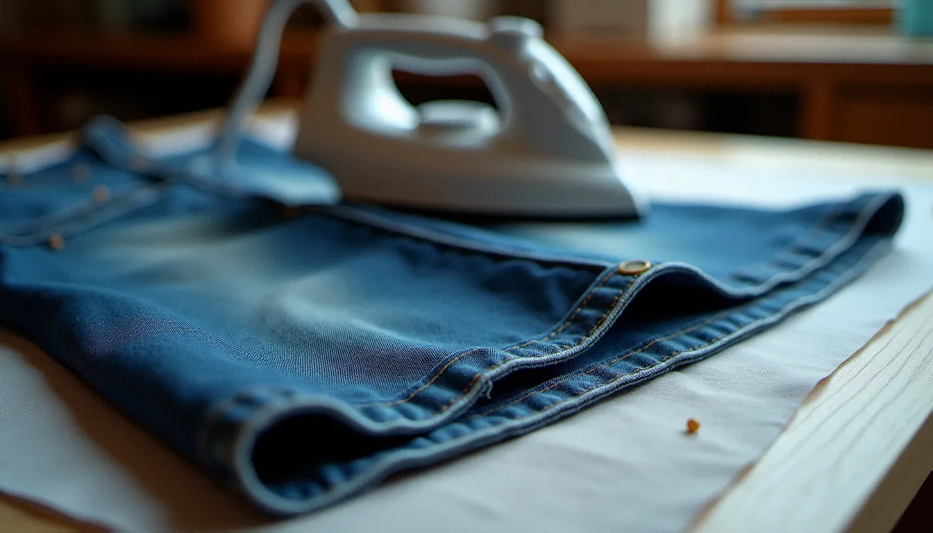 Jupe en denim sur table à repasser avec fermeture éclair épinglée et couture repassée à plat, étape clé pour éviter les plis lors de la pose