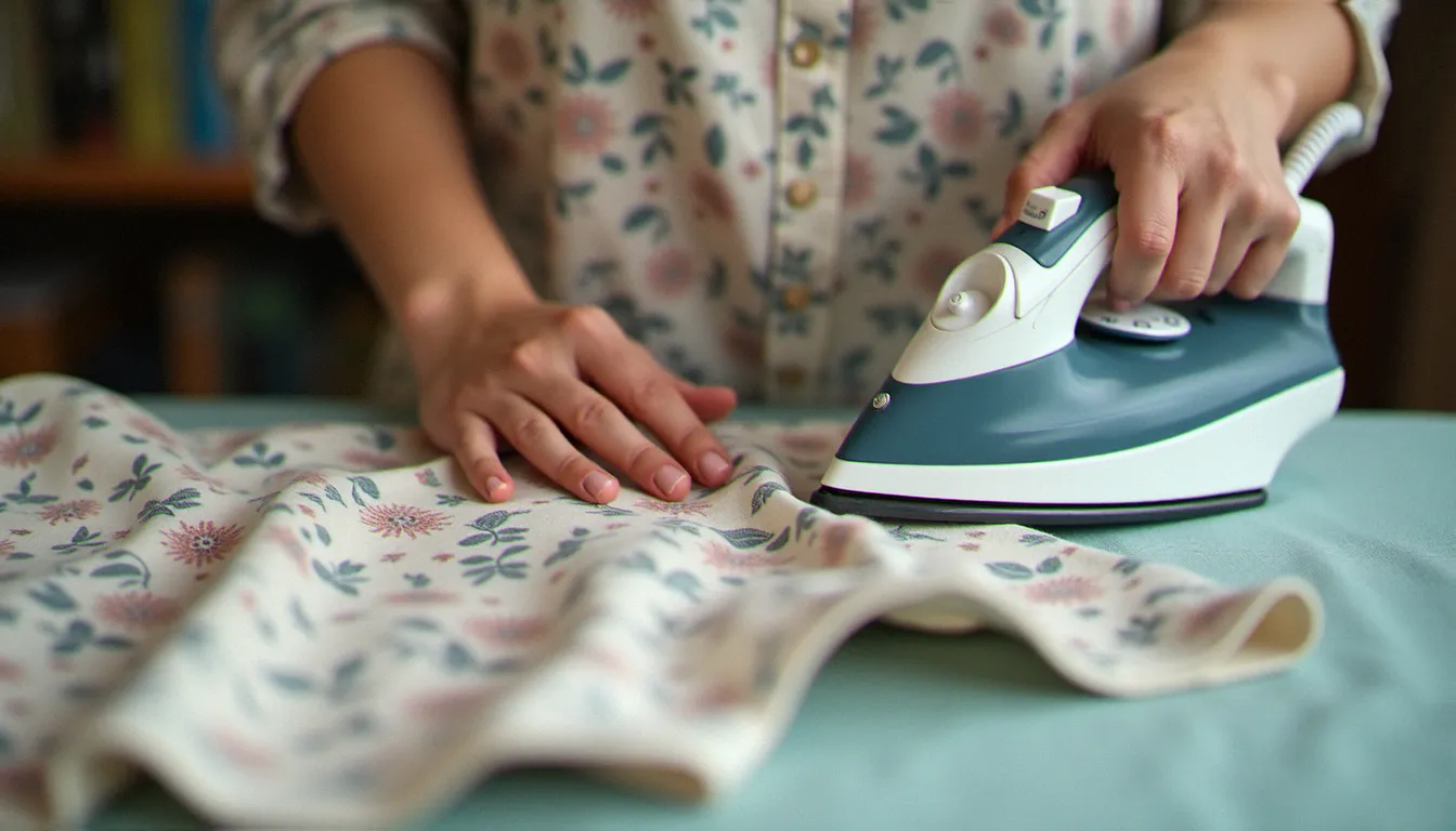 Repassage d'un biais d'emmanchure sur une blouse fleurie en coton, biais parfaitement plat et lisse après couture