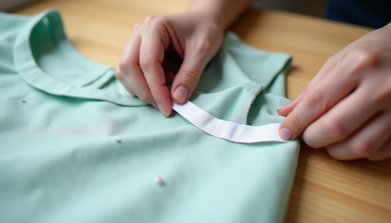 Mains de couturière en train de coudre un biais sur une emmanchure de blouse en lin, épingles posées sur la courbe du tissu