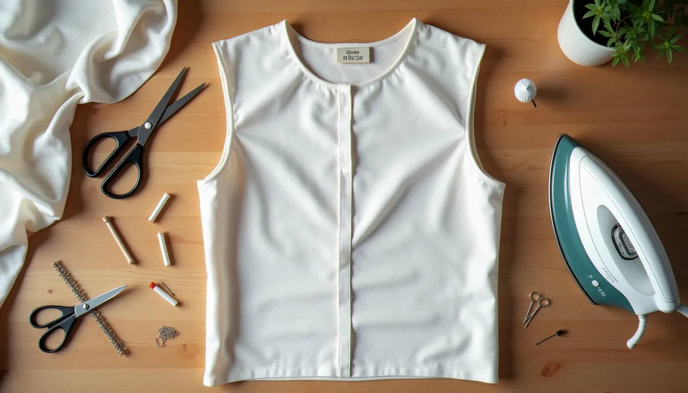 Vue de dessus d'une blouse en lin sans manche avec un biais épinglé autour de l'emmanchure, prêt à être cousu à la machine