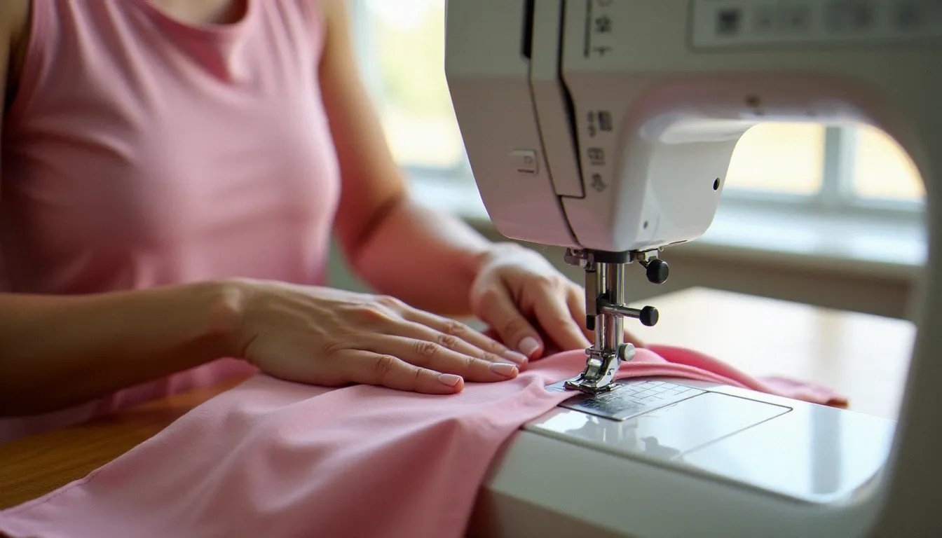Couturière en train de coudre une emmanchure sans manche en fixant un biais blanc sur un top en coton rose à la machine à coudre