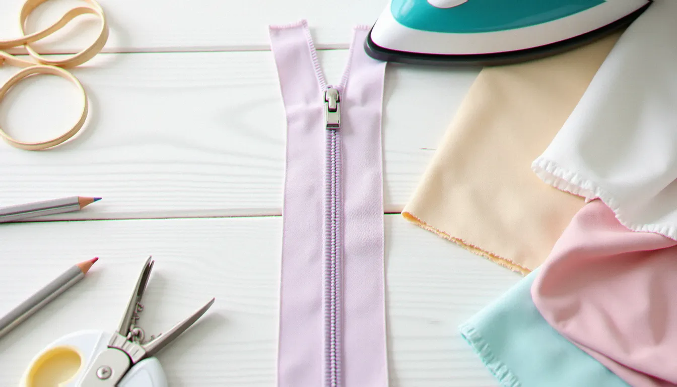 Fermeture éclair invisible ouverte et repassée à plat sur une table de couture, entourée d'outils de mercerie avant la pose
