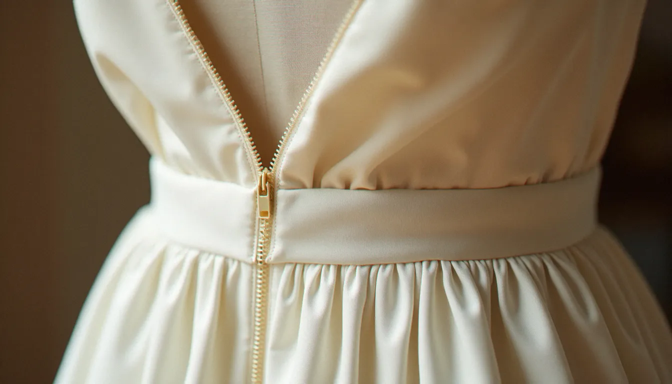 Intérieur d'une robe avec doublure cousue à la main autour du ruban d'une fermeture éclair invisible parfaitement dissimulée