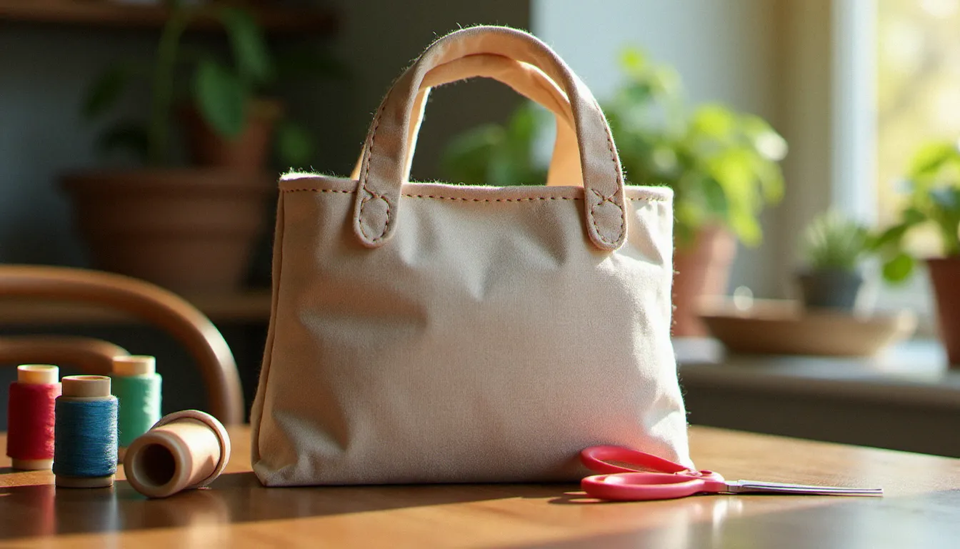 Un tote bag en tissu cousu à la main par un enfant posé sur une table avec des bobines de fil colorées, résultat d'un atelier couture avec les enfants