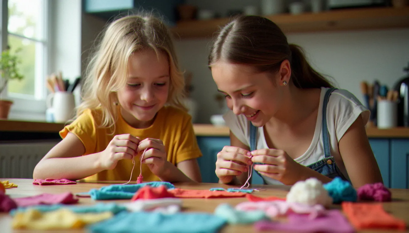 Une mère et sa fille pratiquant la couture avec les enfants ensemble autour d'une table en bois avec des tissus colorés