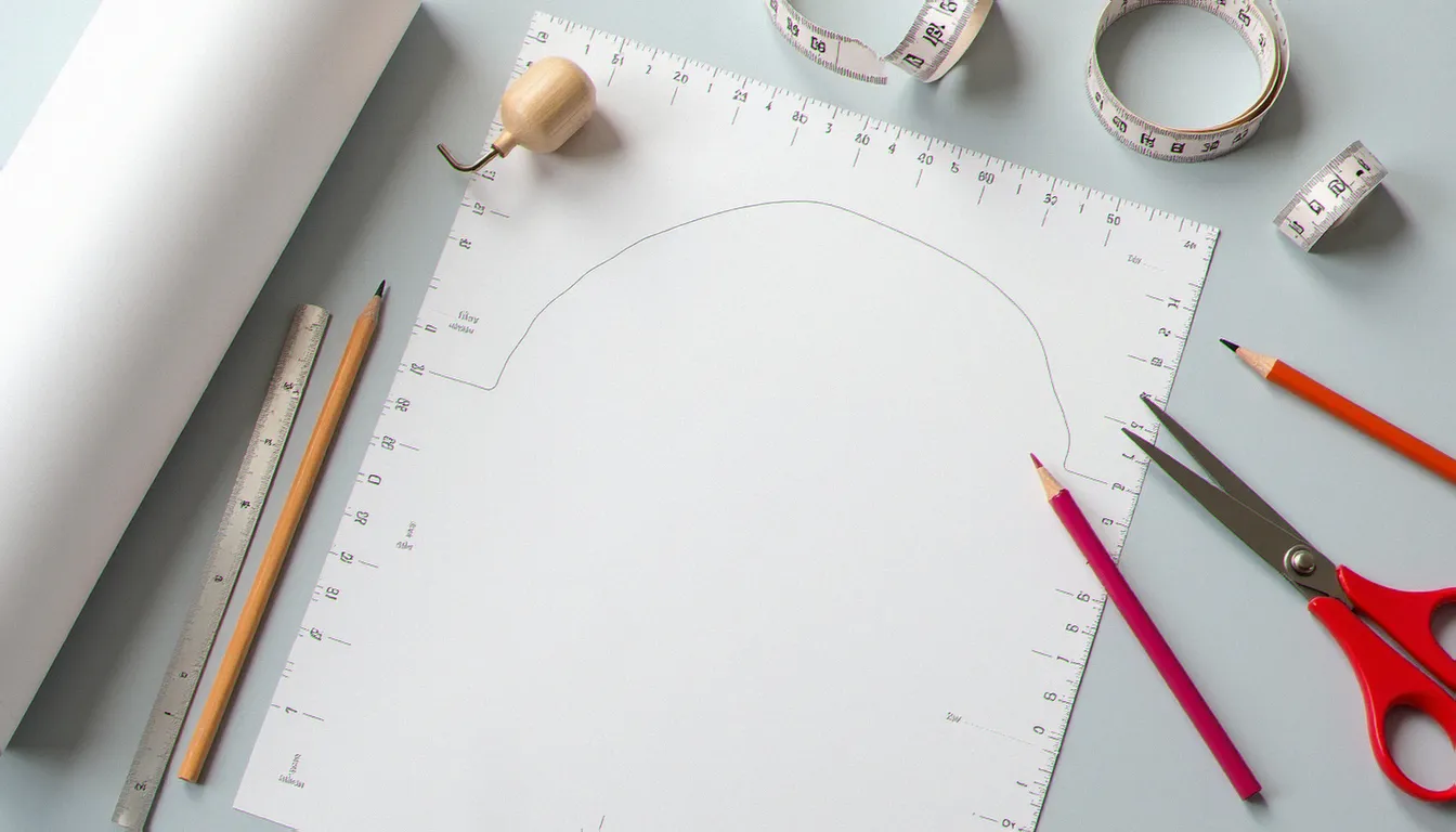 Outils de base pour faire un patron de couture disposés à plat : papier, règles courbes, mètre-ruban et poinçon de couturière