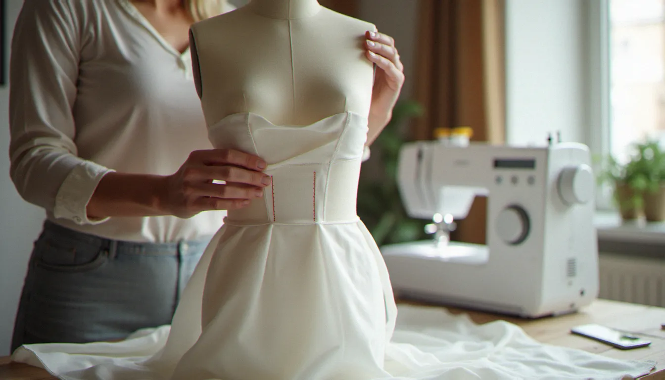 Couturière épinglant une toile de test en calicot sur un mannequin de couture pour vérifier l'ajustement d'un patron tracé à la main