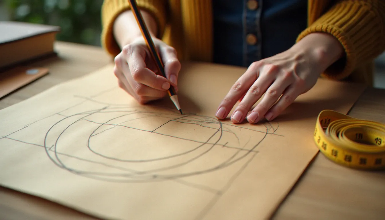 Mains de couturière en train de tracer un patron sur papier kraft avec une règle courbe, illustration de la couture comment faire un patron