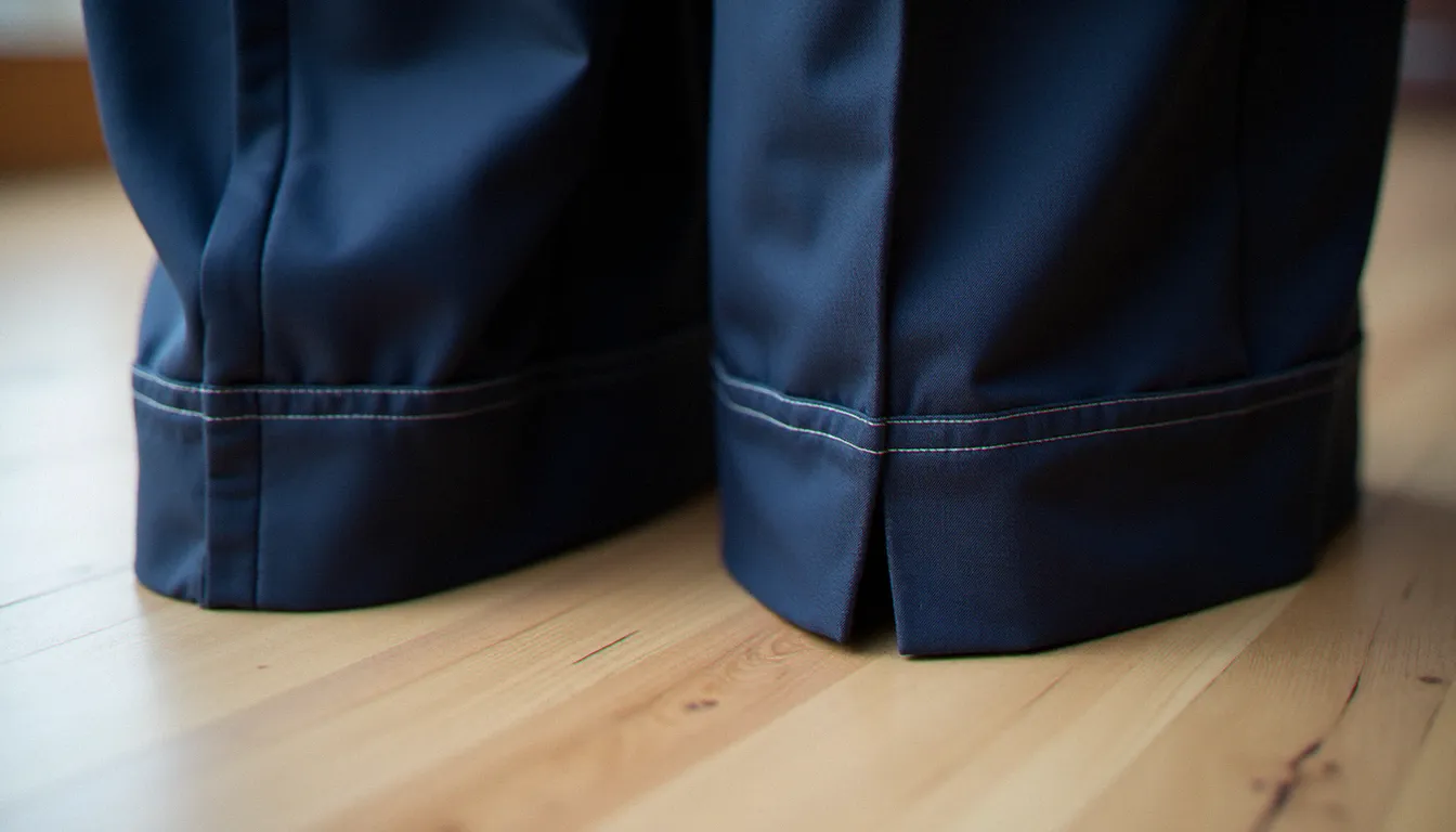 Comparaison entre un ourlet de pantalon brut non fini et un ourlet invisible cousu à la main sur tissu marine