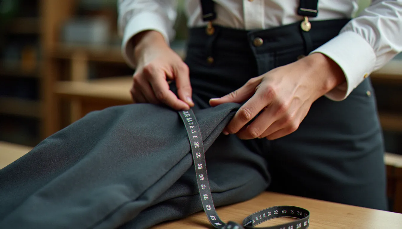 Couturière épinglant l'ourlet d'un pantalon en laine grise sur un mannequin de couture pour ajuster le prix d'un ourlet de pantalon
