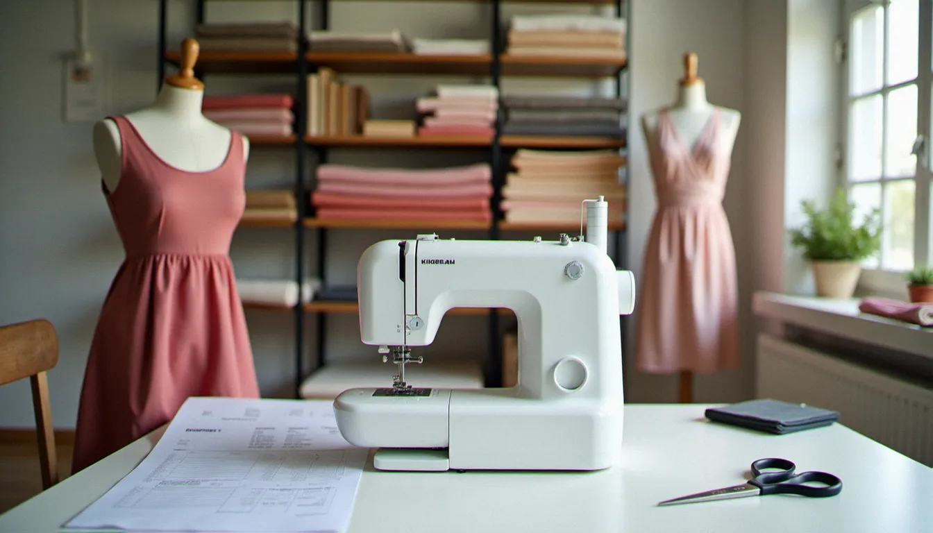 Atelier de couture indépendant avec machine à coudre, patrons et pièce en cours, représentant les différents types de prestations tarifées à l'heure