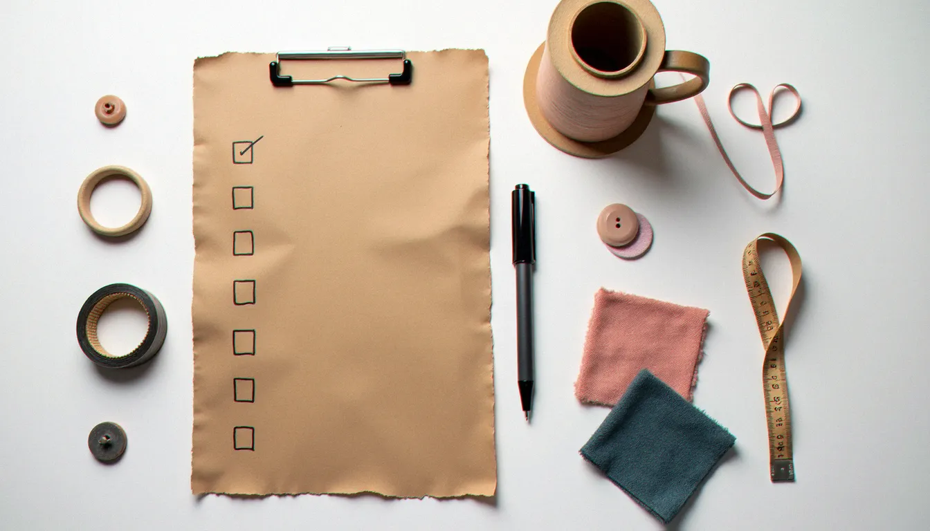 Vue de dessus d'une checklist couture avec fournitures — fermeture éclair, boutons et mètre ruban — pour vérifier les points essentiels avant de confier une pièce à une couturière