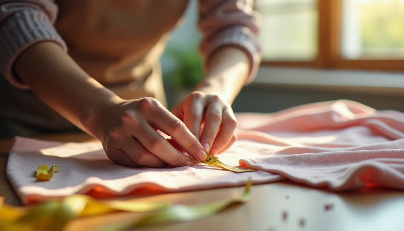 Mains d'une couturière professionnelle mesurant un tissu avec un mètre ruban, illustrant le prix de l'heure en couture