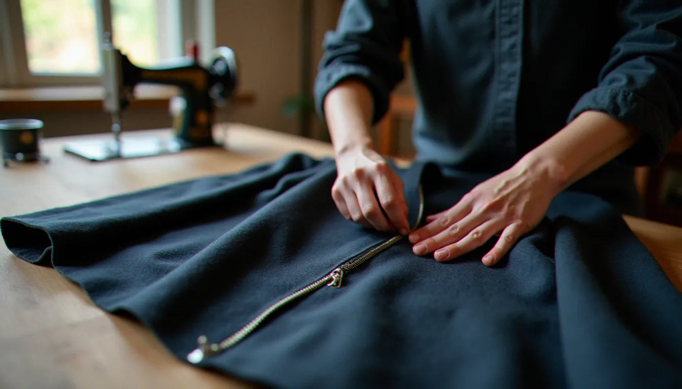 Mains d'une couturière positionnant une fermeture éclair métal sur un manteau en laine — illustration du prix couture fermeture éclair