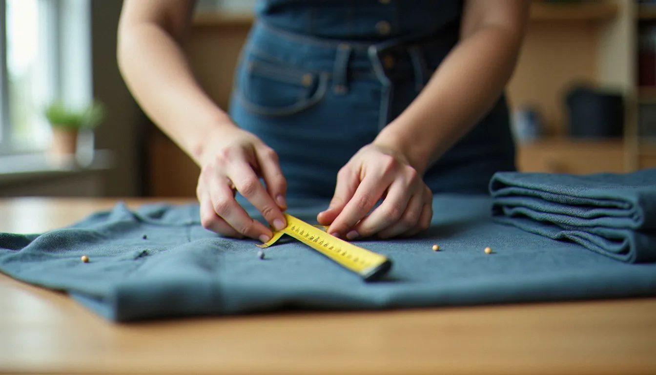 Couturière professionnelle mesurant un ourlet de pantalon avec un mètre ruban, illustrant le prix d'une retouche couture ourlet