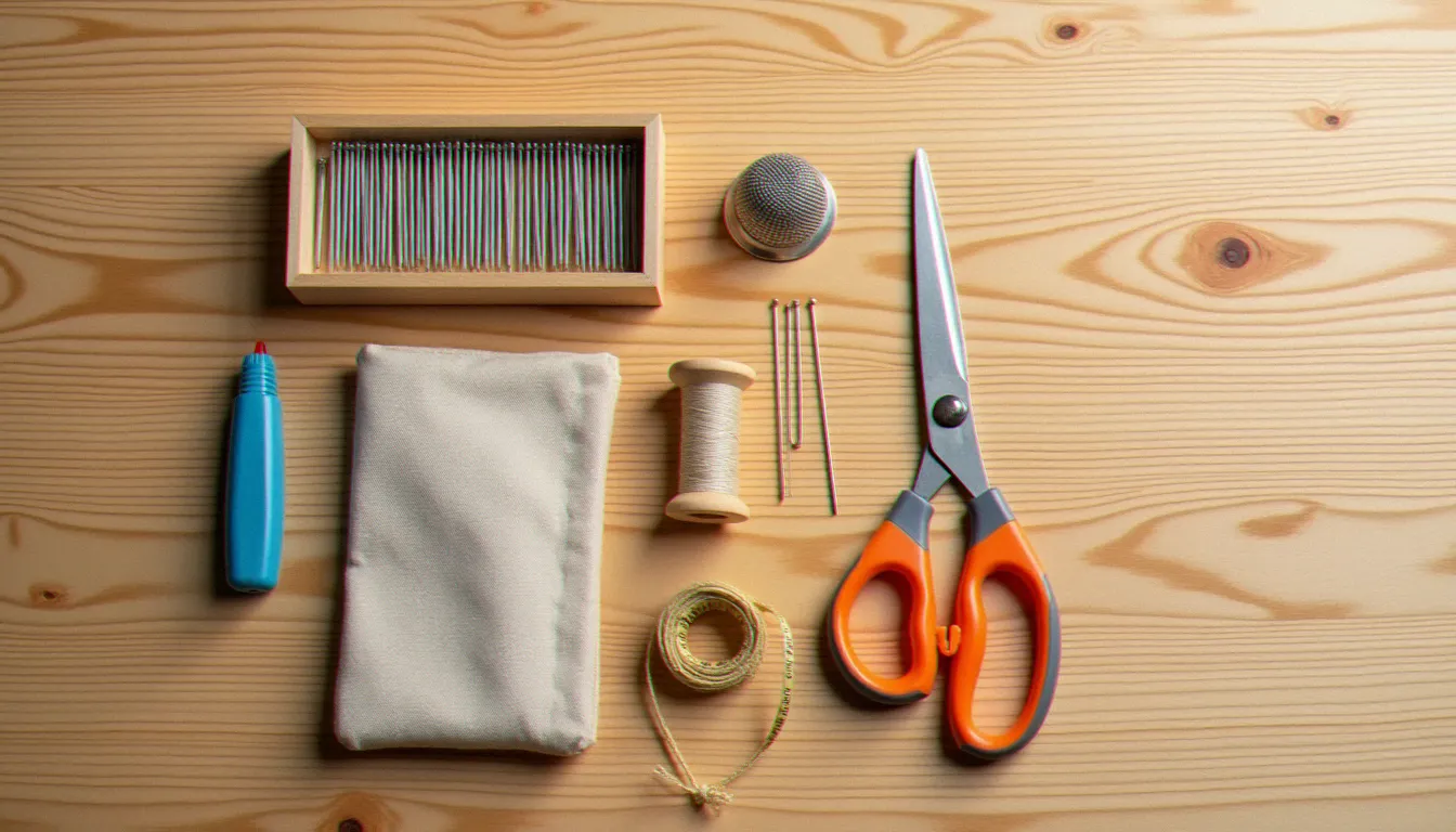 Outils de couture à la main disposés sur une table en bois : aiguilles, dé à coudre argenté, bobine de fil, ciseaux et épingles pour coudre sans machine