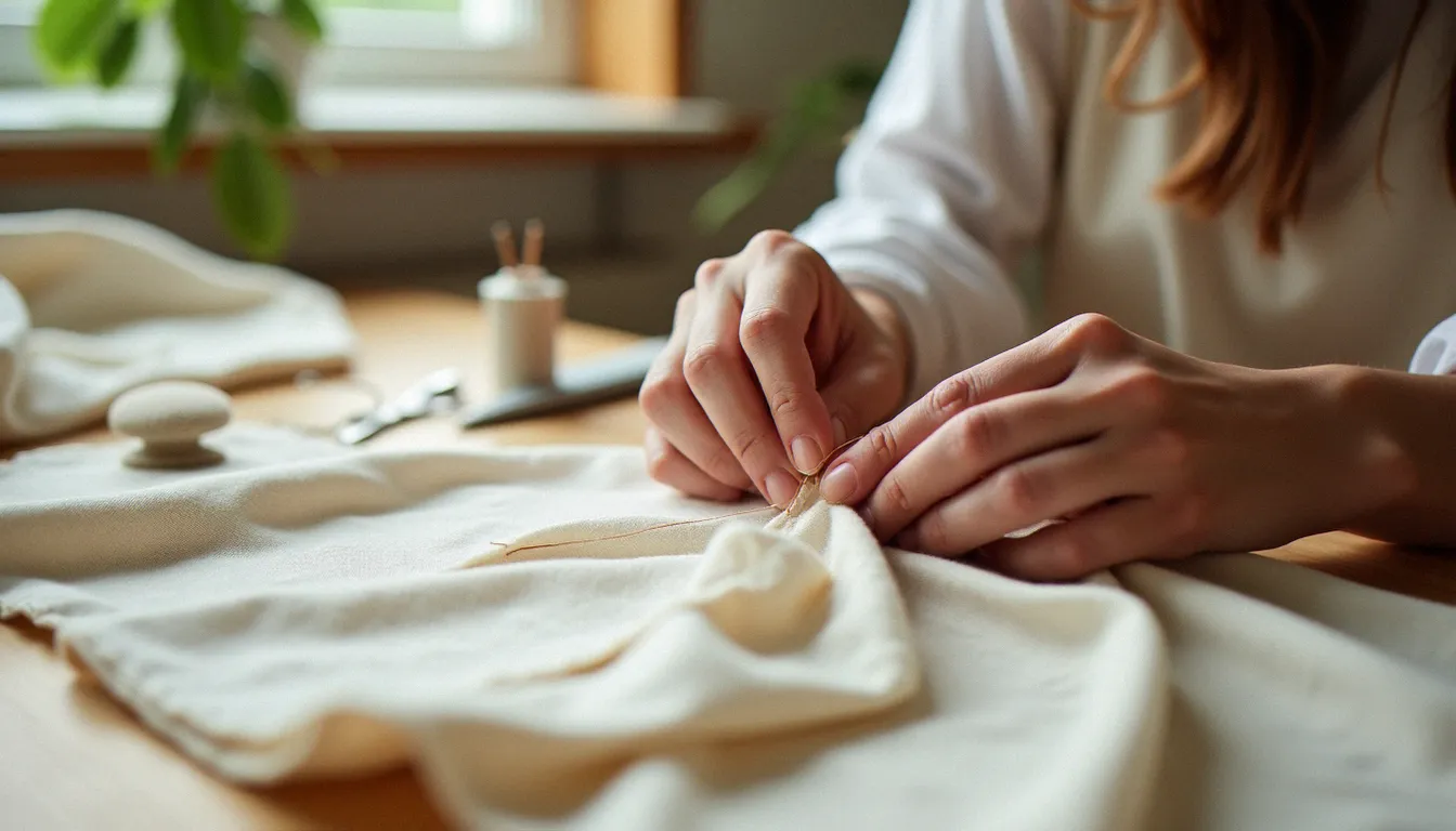 Mains d'une couturière réalisant de la couture sans machine à coudre sur du tissu lin crème, avec un dé à coudre et une aiguille enfilée