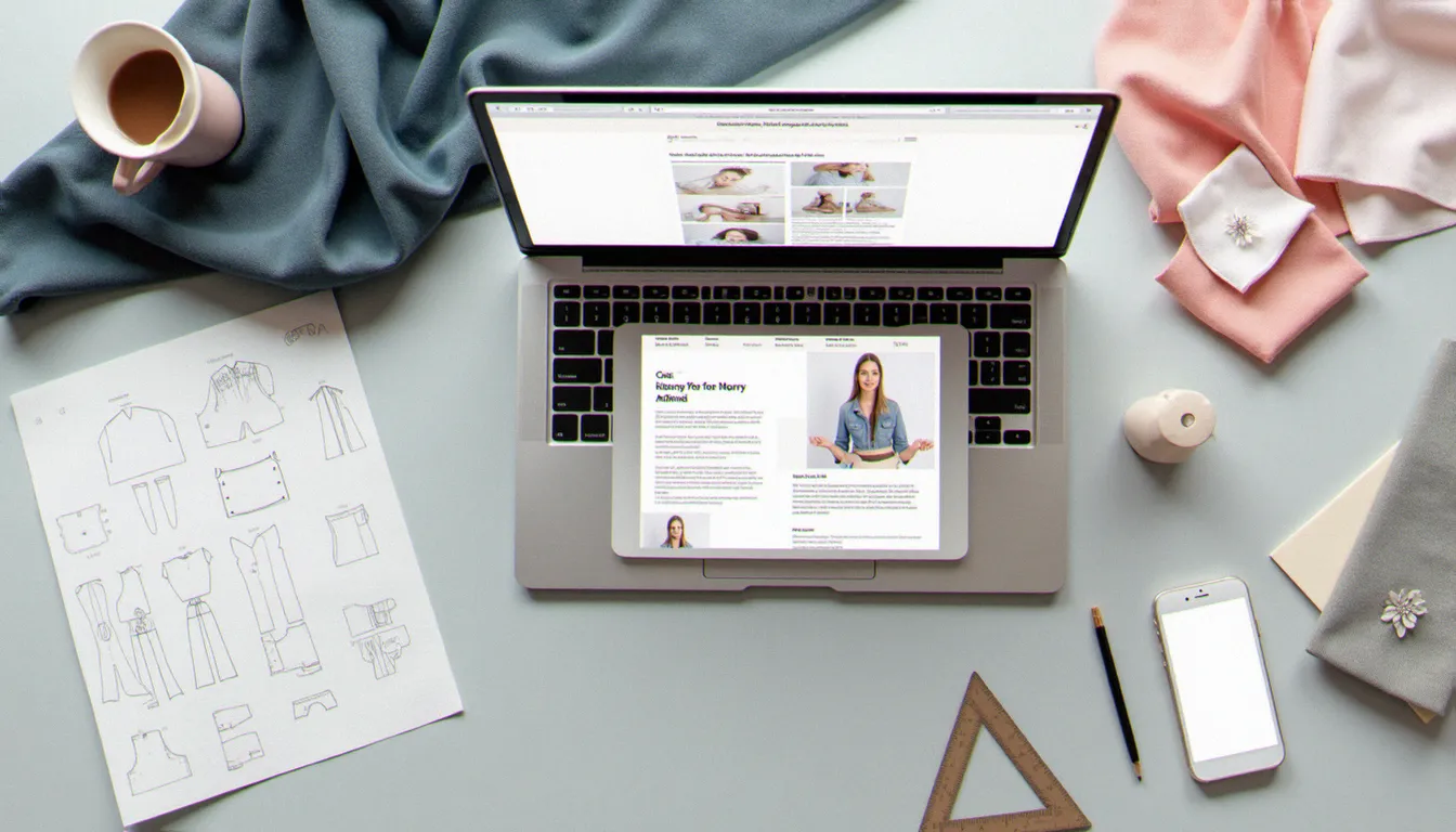 Ordinateur affichant un patron PDF gratuit à télécharger, entouré de pièces de patron imprimées et d'outils de couture sur un bureau