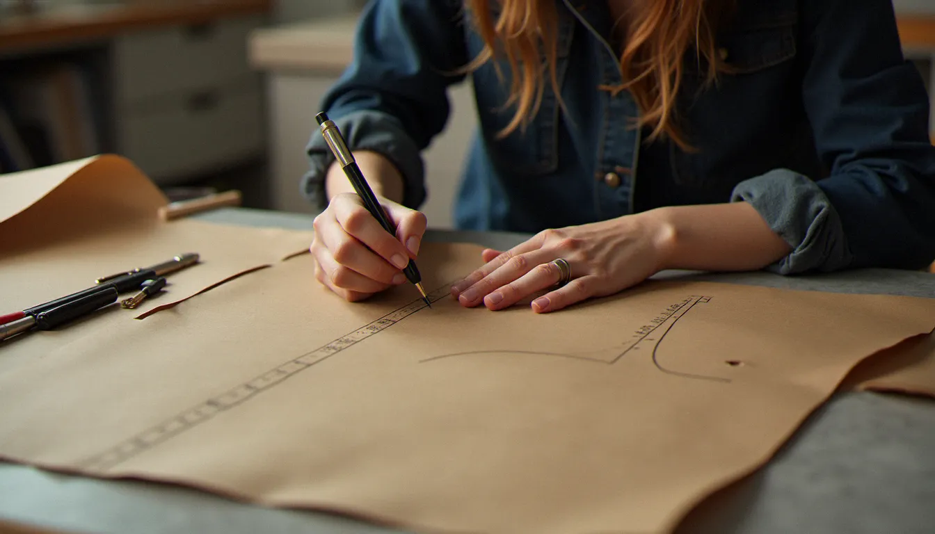 Couturière traçant un patron de vêtement sur papier kraft avec règle courbe et craie tailleur, outils de couture essentiels posés sur la table