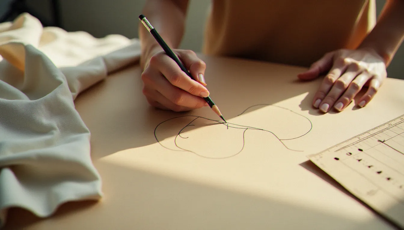 Tracé de l'encolure d'une tunique sur papier kraft avec une équerre, étape clé de la couture sans patron