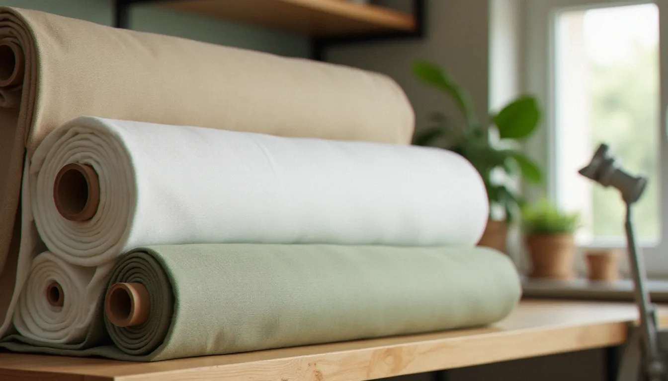 Sélection de tissus naturels pliés sur étagère en atelier de couture, coton, lin et viscose pour coudre une tunique sans patron