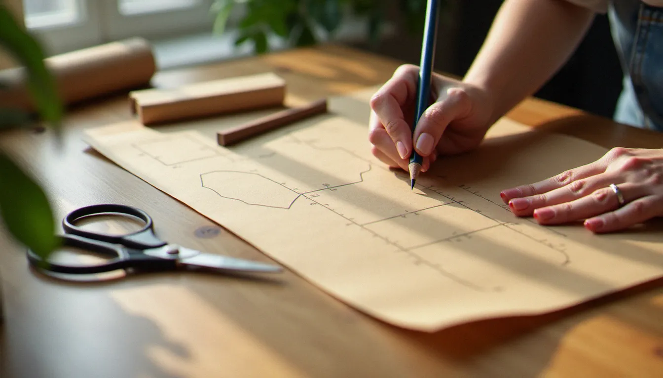 Mains traçant les contours d'une tunique sur papier kraft pour une couture sans patron, avec règle et mètre-ruban sur table en bois