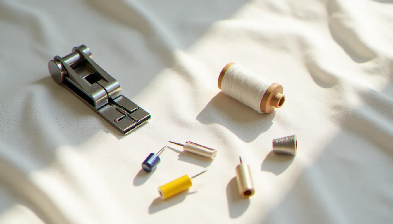 Vue à plat des outils nécessaires pour la couture sans voir le fil : pied ourlet invisible, aiguilles fines, bobines de fil assorties et épingles tulipe sur fond de lin clair