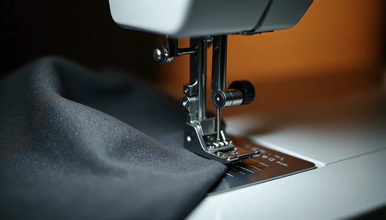 Machine à coudre réalisant un ourlet invisible sur tissu laine gris anthracite avec le pied presseur spécial pour couture sans voir le fil