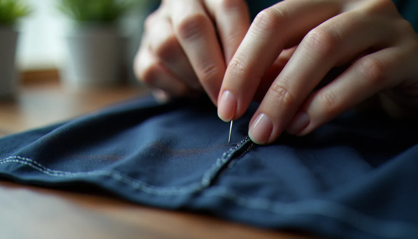 Gros plan de mains réalisant une couture sans voir le fil sur un tissu marine, technique de point invisible à la main à la lumière naturelle