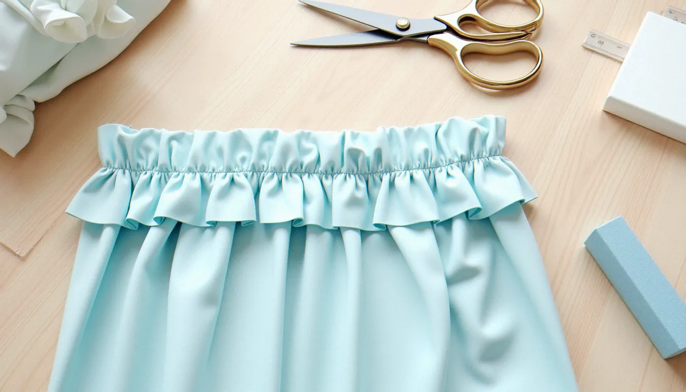 Matériel de couture disposé sur une table : ciseaux, craie, règle et tissu viscose bleu pour confectionner un volant