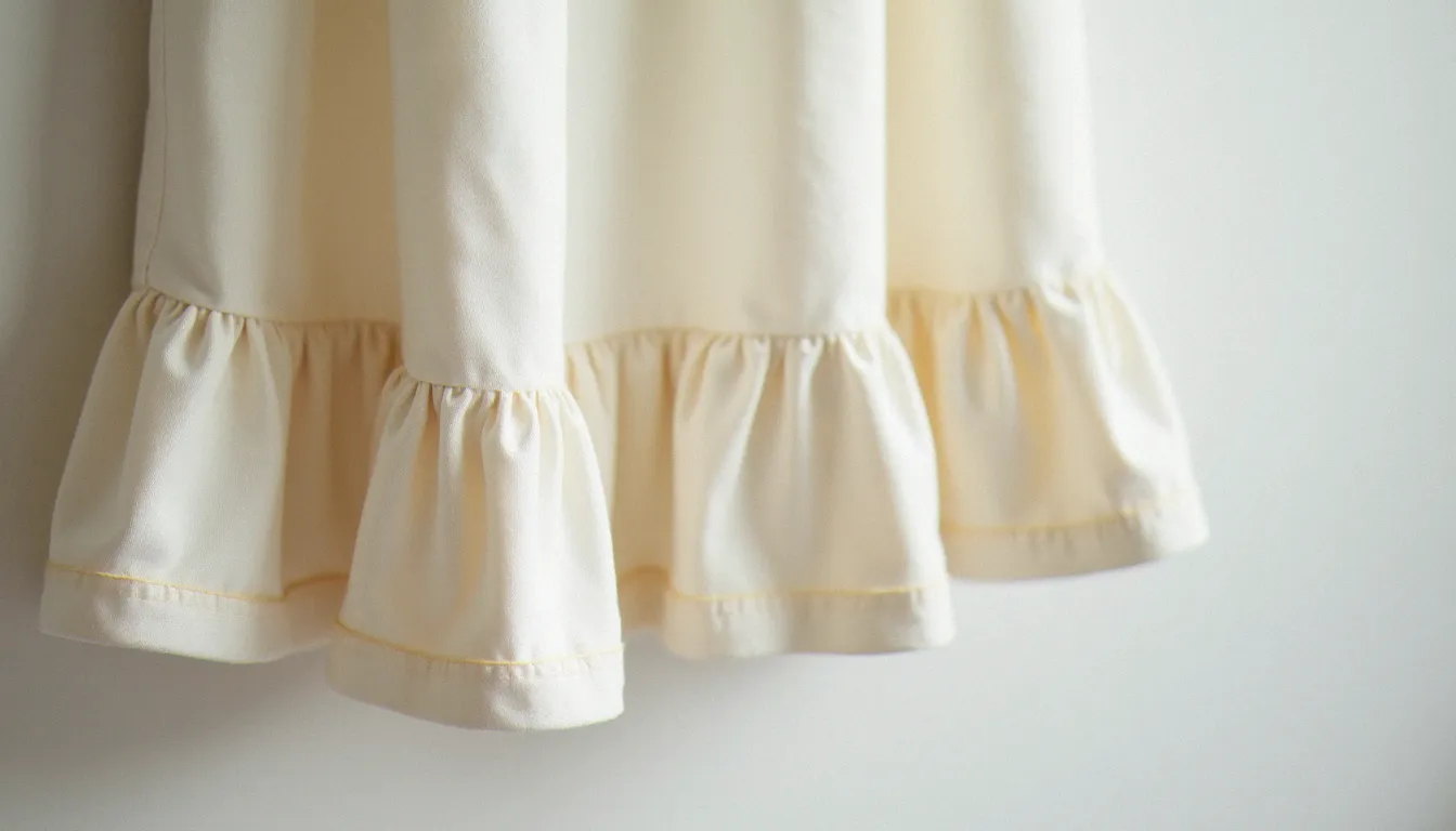 Détail du bas d'une jupe en coton ivoire avec un volant fini au roulotté main, illustrant une finition soignée en couture