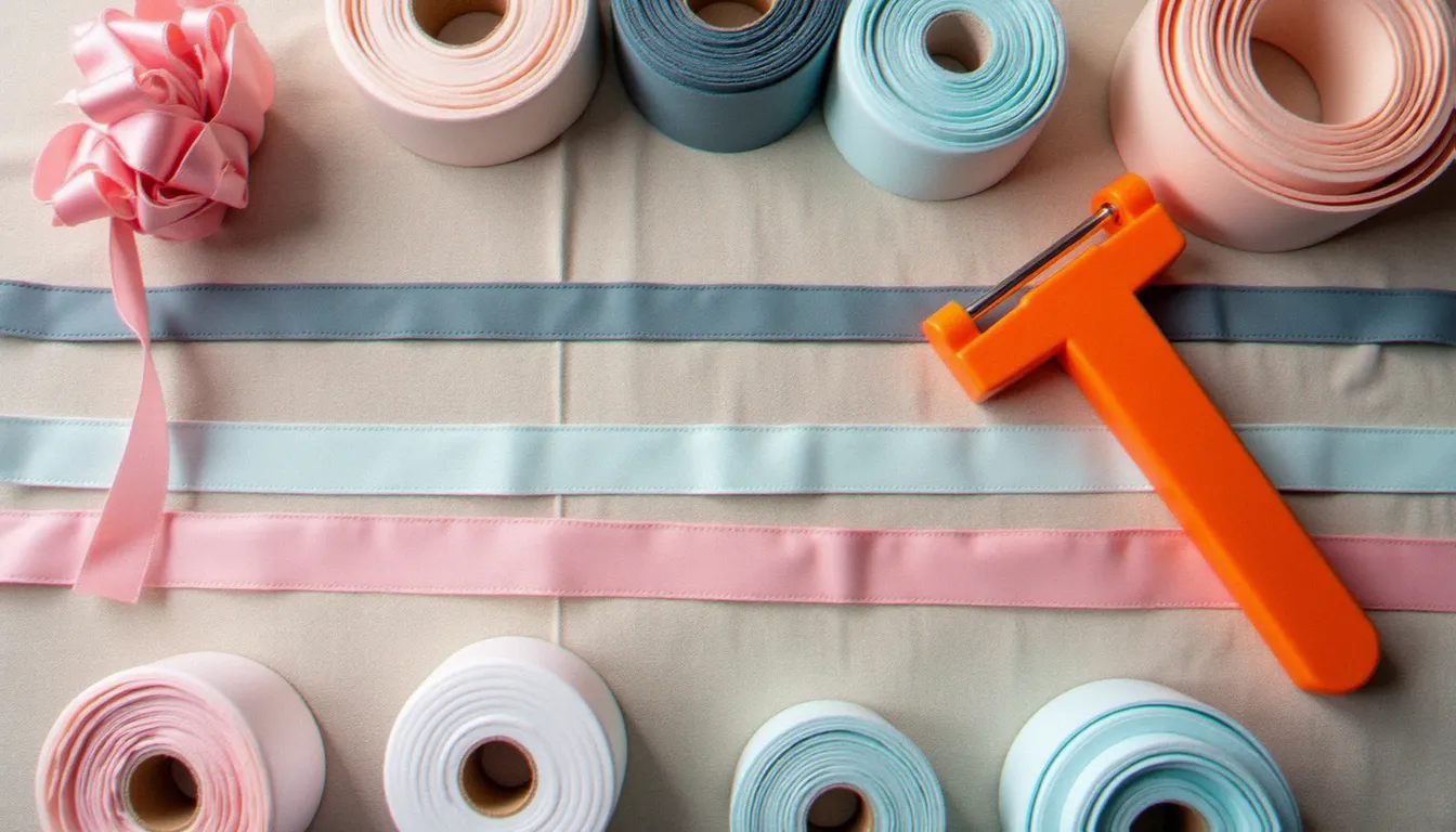 Assortiment de rouleaux de biais coton et satin de différentes largeurs et couleurs disposés sur tissu lin gris, avec un guide-biais orange