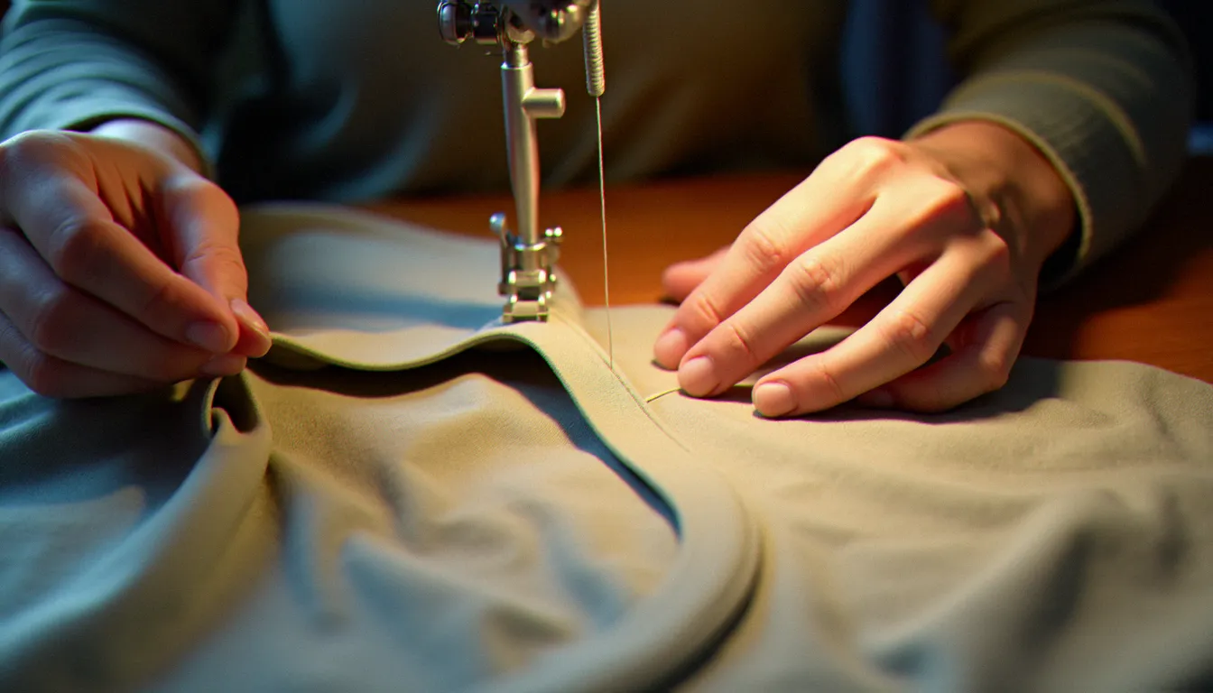 Couturière fixant à la main un biais sur l'envers d'une encolure arrondie au point glissé, lumière chaude d'atelier
