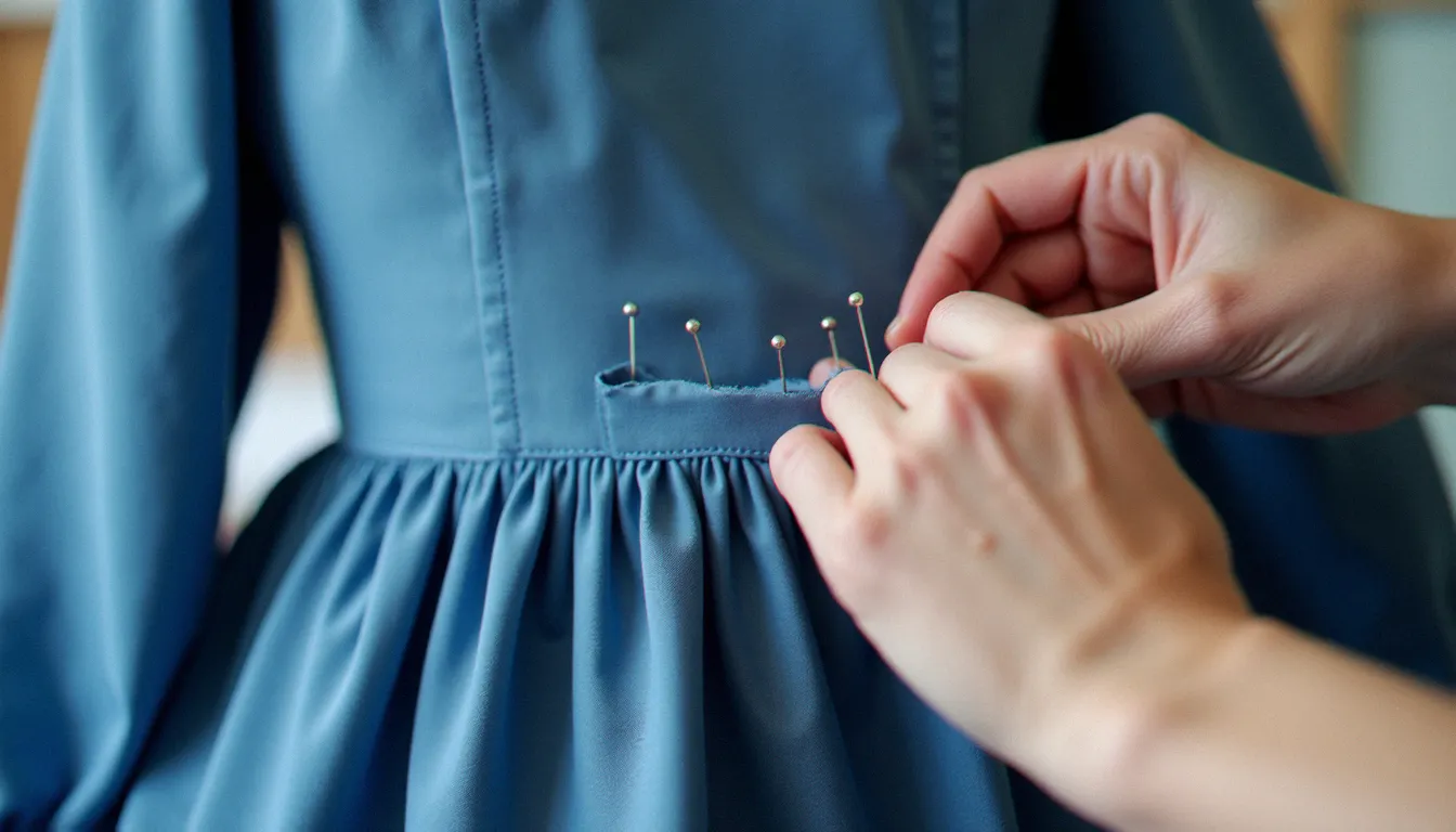 Mains épinglant une manche montée dans une emmanchure de corsage en coton bleu avec des épingles à tête de verre