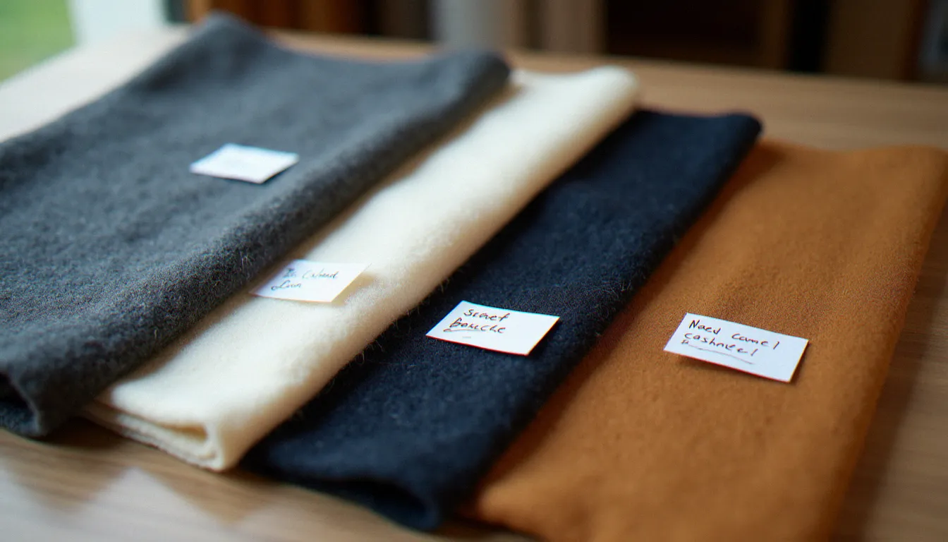 Échantillons de tissus lainages pour manteau côte à côte : drap gris, bouclé crème, tweed marine et cachemire camel, pour choisir le bon tissu pour le manteau Ernest