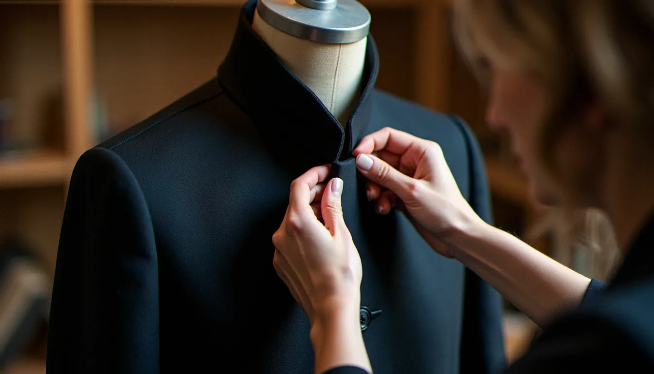 Mains de couturière en train de bâtir un col officier sur un manteau en lainage sombre monté sur un mannequin de couture, atelier chaleureux en arrière-plan