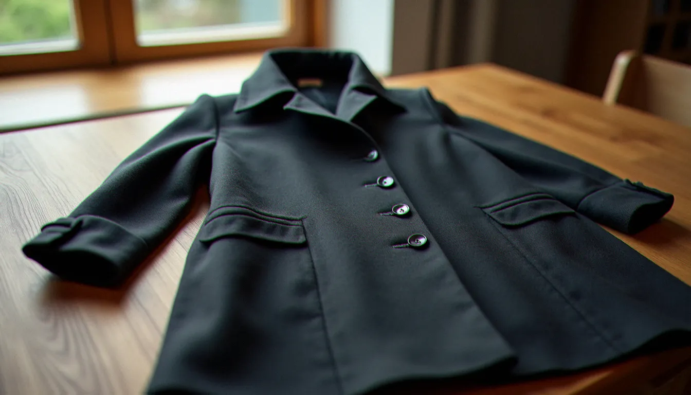 Manteau Ernest de la République du Chiffon en lainage gris anthracite avec col officier, posé sur une table de couturière en bois clair
