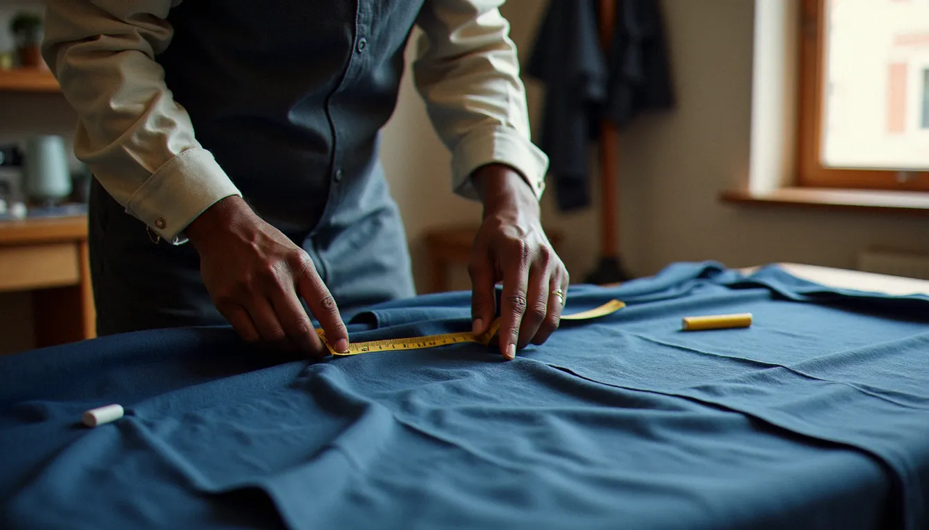Couturier africain prenant des mesures sur un tissu basin indigo dans un atelier lumineux, travail artisanal sur mesure