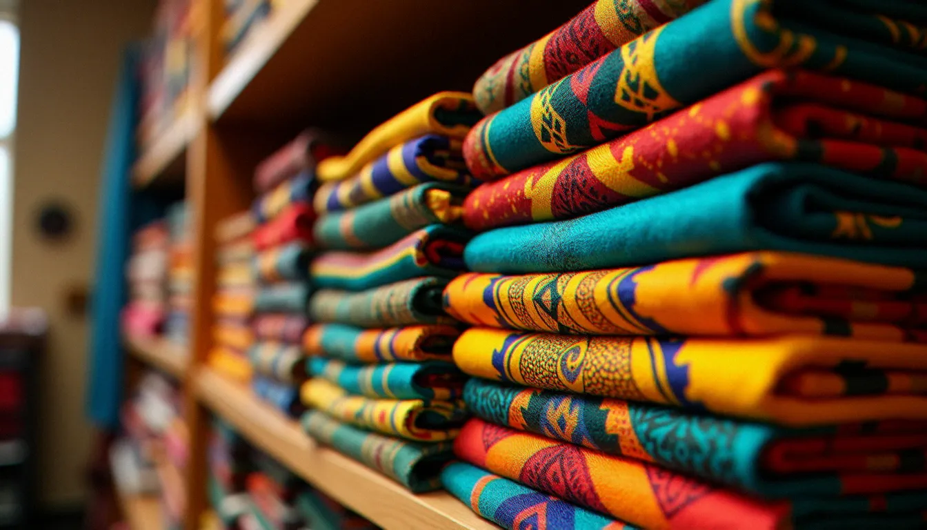 Assortiment de tissus africains pliés — wax ankara, basin et kente — empilés dans une mercerie, illustration du choix de tissu pour la couture africaine masculine