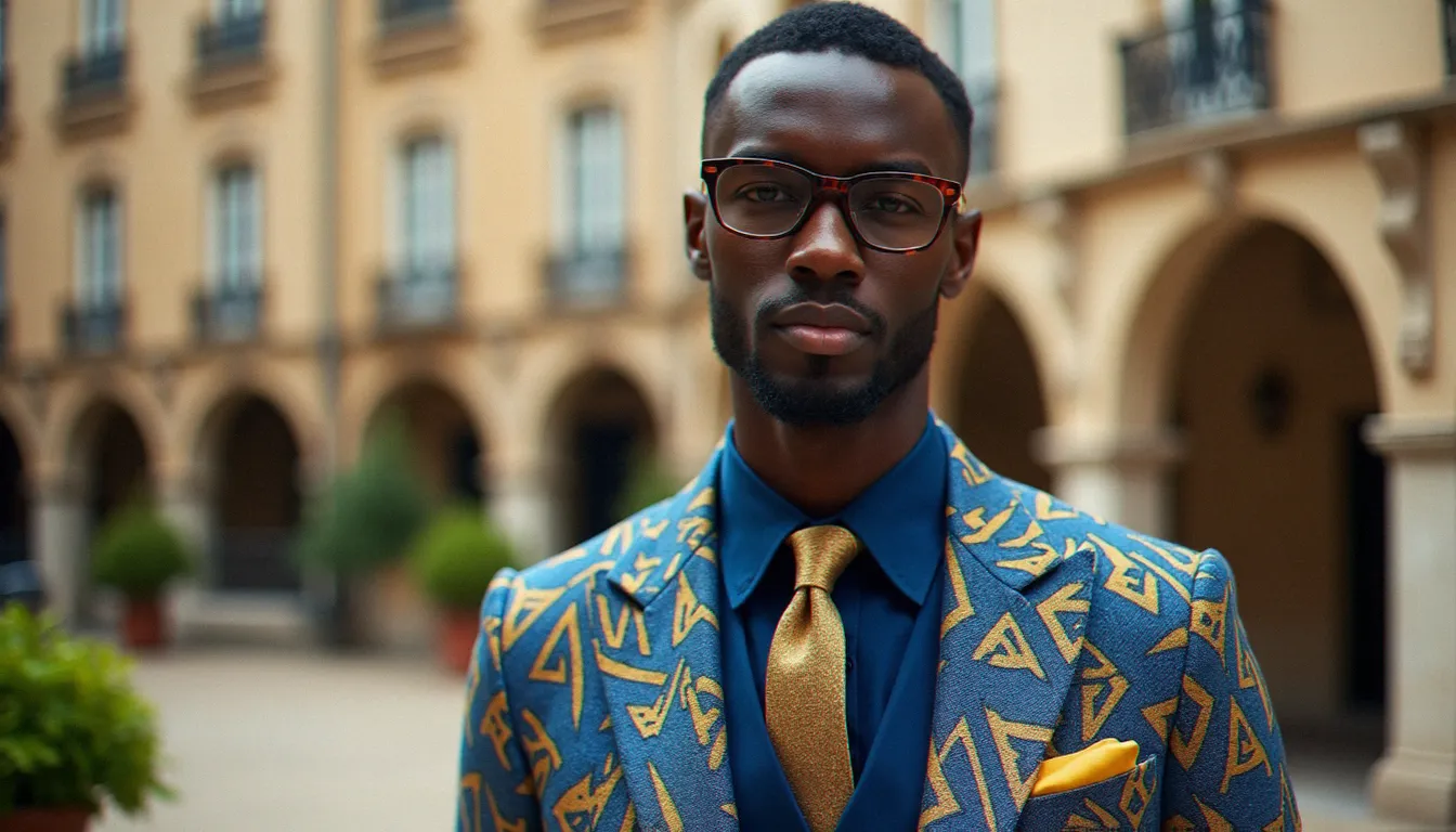 Homme portant une veste taillée en wax africain bleu et or, exemple de meilleur couture africaine pour homme en style afro-contemporain