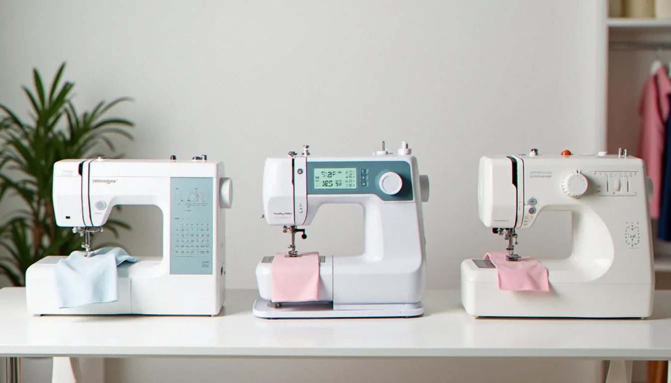 Trois machines à coudre de gammes différentes disposées côte à côte pour comparer les options disponibles en couture femme